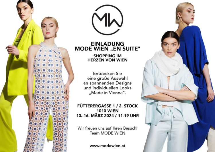 Einladung Mode Wien en Suite, Shopping im Herzen von Wien, Fütterergasse 1, 1010 Wien, 4 Models in Frühjahrs/Sommermode, gelber Hosenanzug, weißer Spitzenoverall, hellblauer Hosenanzug, blaues Kleid